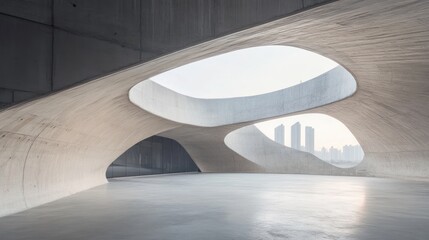 Poster - Modern concrete building interior with large organic shaped openings revealing a cityscape.