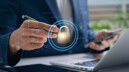 Poster - Cybersecurity and Data Protection, Secure Business Against Cyber Threats, encryption, risk management and privacy solutions to protect from hacking, phishing. Essential for digital security.