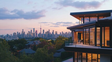 Poster - Modern house overlooking city skyline at sunset.
