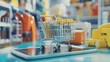 © Pannee - Shopping cart icon displayed on a tablet, surrounded by various products ready to be sold online.