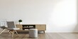 © Anarul - A white TV stand with a plant on top and a white ottoman in front of a white wall with wooden floor