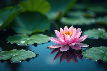 Wall Mural - water lilies & lotus flowers create a floral pattern on calm lake surface, serene, landscape