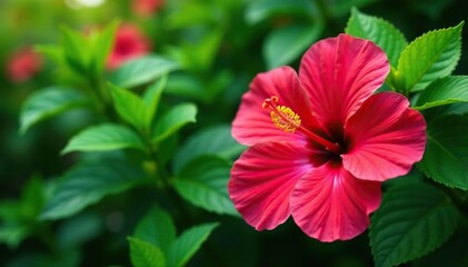Wall Mural - Vibrant tropical hibiscus, lush green foliage, endless repeat, design, print