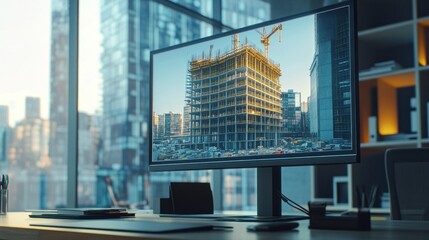 Aufkleber - Modern office desktop displaying construction site on monitor.