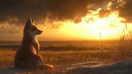 Naklejka na meble Serene Profile of a Fox Against a Stunning Sunset Over an Expansive Landscape in Nature