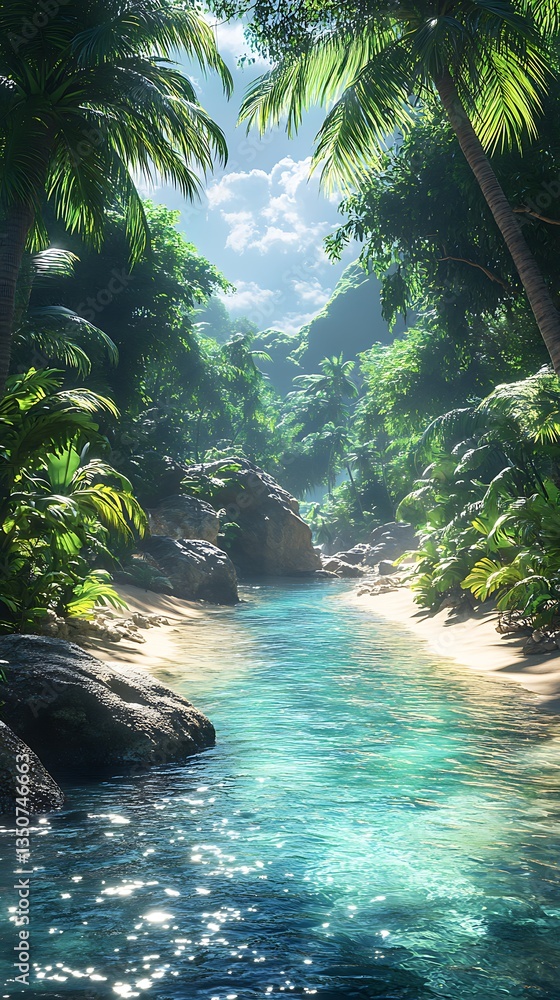Tropical river in the jungle with golden sunlight high resolution ...