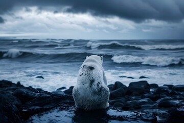 solitary polar bear looking at stormy ocean with dark clouds