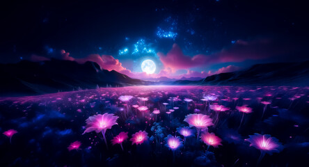 Wall Mural - night scene with a field of luminous pink flowers under a full moon and starry sky. a tranquil and d