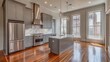 © elmyra - Modern kitchen in renovated historic building, hardwood floors, city view