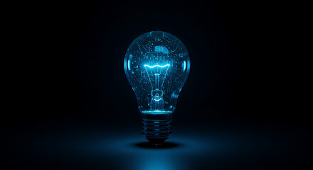 glowing blue light bulb on black background representing innovation and creativity