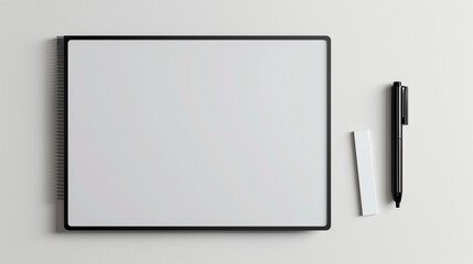 A modern whiteboard with fine-tip markers and an eraser placed neatly beside it, isolated on a clean background.