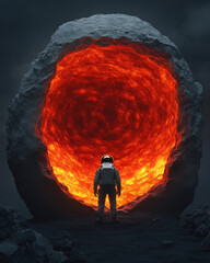 Wall Mural - a lone astronaut stands before a fiery portal within a rocky structure, suggesting a surreal journey