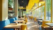 © mas - Modern cafe interior with yellow accents, sunlight, and city view. Ideal for showcasing a bright and inviting space