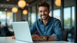 © HaJung - Confident Young Latin Entrepreneur: Smiling Startup Founder Working on Laptop in Corporate Office - Flat Vector Illustration of a Happy Businessman at His Desk