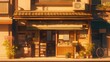 © umeno - 昭和レトロな日本の食堂前風景 夕方の穏やかな時間に照らされた自転車と植物と木造の建物が懐かしさを誘うイラスト 商店街 背景素材 下町情景
