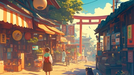 Fototapete - レトロな日本の街並みを描いた夕暮れの商店街風景 猫と赤い自転車と植物が並ぶ店先が温かな光に包まれたノスタルジーあふれる昭和情景イラスト素材