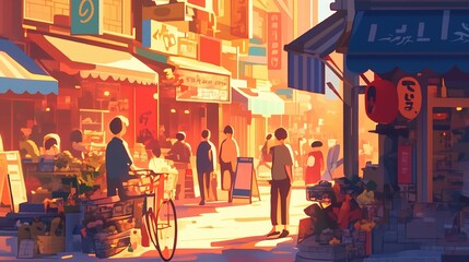 Fototapete - ノスタルジックな日本の夕暮れ 商店街の店先にたたずむ猫とレトロな自転車 懐かしい昭和の街並みを描いた柔らかなイラスト 素材として使いやすいレトロ背景