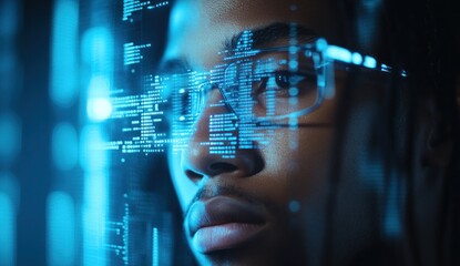 Focused programmer analyzing code on interactive display