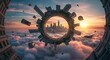 © SRRiadi - Surreal Cityscape with Buildings in Circular Formation Above Clouds at Sunset