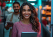 © Muhammad - Young Professional Woman and Her Boss Smiling While Looking at an iPad – Walking Through a Glass Door in a Modern Office, Captured in a High-Quality, Professional Stock Photo Style