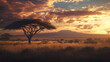 © suldev - realistics remarkable landscape of Kenyan savanna at twilight, with its tranquil grandeur, embodies distant Mount Kilimanjaro, vast plains, and profound connection between land and sky