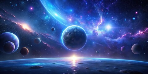 Wall Mural - a breathtaking view of a celestial sunrise over a tranquil ocean planet, surrounded by a vibrant neb