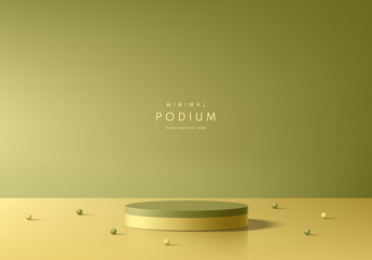 Sticker - 3d olive green cylindrical podium background with empty clean wall scene. minimalist mockup pedestal