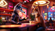 © Rika - A wolf and a deer are enjoying coffee at a bar
