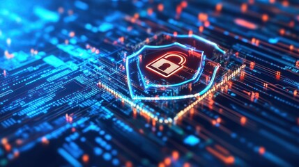 Cyber security shield on circuit board; digital protection concept