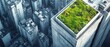© Usman - Aerial view of modern urban architecture featuring a green rooftop garden surrounded by high-rise buildings in a bustling cityscape
