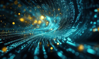 Data stream tunnel, glowing particles, abstract background, digital technology concept