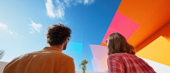 Aufkleber - Chromatic Lifestyle Exploration Millennial Duo Experiencing Vibrant Architectural Minimalism - Immersive Color Psychology in Urban Design and Creative Spatial Interaction
