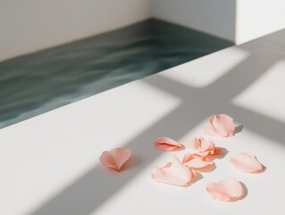 Poster - Minimalist Wellness Aesthetic Soft Pink Petal Composition with Soft Shadow Play - Contemporary Tranquility and Mindful Design for Holistic Self-Care Imagery