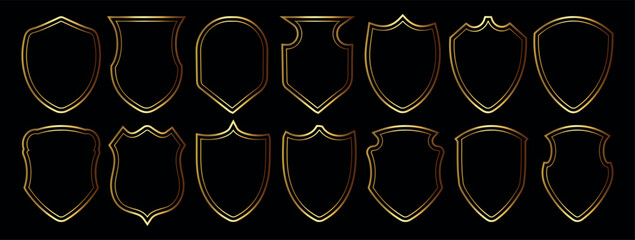 shield and golden liner shape collections. outline golden security shield badge set.