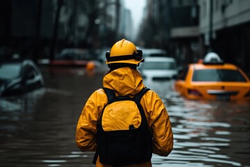 Poster - Climate Resilience Narratives Dynamic Urban Emergency Response Professional in High-Performance Safety Gear Navigating Flood Crisis with Adaptive Preparedness