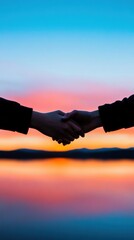 Leinwandbilder - Empathetic Connection Transformative Silhouette Handshake Against Gradient Sunset - Inclusive Leadership and Emotional Intelligence in Modern Business Branding