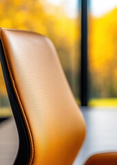 Poster - Ergonomic Workspace Evolution Premium Leather Office Chair with Autumn-Inspired Natural Lighting - Hybrid Work Design for Modern Productivity and Comfort