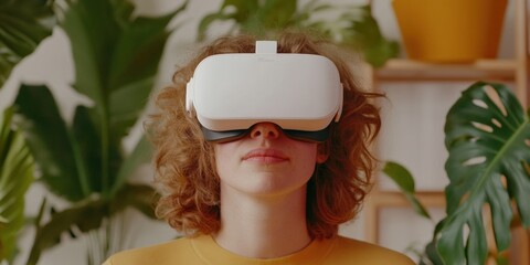 Leinwandbilder - Immersive Digital Wellness Gen Z Remote Worker Exploring Virtual Reality in Biophilic Home Office - Next-Generation Collaborative Technology Experience