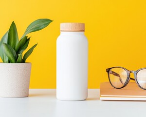 Fototapete - Minimalist Hydration Wellness Ergonomic White Water Bottle for Modern Remote Professionals - Sustainable Workspace Design and Mindful Productivity Essentials