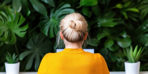 Poster - Biophilic Remote Work Wellness Minimalist Gen Z Professional in Vibrant Yellow, Embracing Mindful Home Office Design with Lush Green Botanical Backdrop