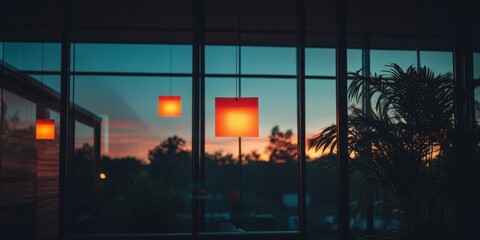 Aufkleber - Cinematic Workspace Twilight Moody Minimalist Office Design with Suspended Warm Lighting, Biophilic Elements and Tranquil Sunset Atmosphere for Modern Productivity