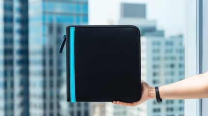 Fototapete - Urban Minimalist Tech Sleeve Sleek Matte Black Laptop Carrier with Electric Blue Accent for Remote Professionals - Innovative Workspace Mobility Solution