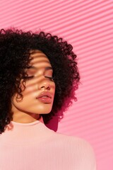 Poster - Gen Z Minimalist Portrait Soft Pink Aesthetic Exploring Emotional Authenticity, Self-Expression and Contemporary Creative Identity with Curly Hair Empowerment