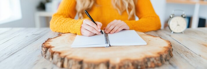 Aufkleber - Mindful Learning Narrative Gen Z Student in Cozy Yellow Sweater Exploring Creative Study Techniques on Rustic Wood Slice Workspace - Innovative Education and Productivity Styling