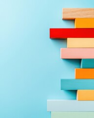 Aufkleber - Minimalist Growth Strategy Ascending Wooden Blocks Visualizing Financial Progress on Pastel Blue - Innovative Investment Visualization for Digital Entrepreneurs
