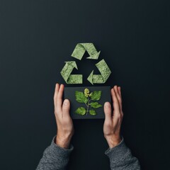 Poster - Eco-Innovation Visualized Minimalist Green Recycling Symbol with Organic Plant Design - Sustainable Technology and Environmental Consciousness Concept