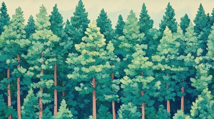 Lush evergreen forest, mountain backdrop, nature illustration, design element