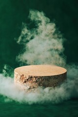 Poster - Ethereal Cork Platform Sustainable Minimalist Product Showcase for Eco-Conscious Branding with Misty Atmospheric Design Innovation