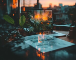Fototapete - Urban Biophilic Workspace Immersive Digital Creativity with Organic Sunset Reflection - Mindful Tech Aesthetic for Remote Professionals