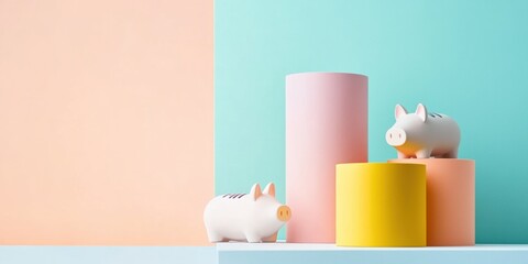 Poster - Pastel Minimalist Finance Concept Playful Piggy Banks on Color-Block Geometrics - Gen Z Savings Trend, Soft Aesthetic Investment Visualization